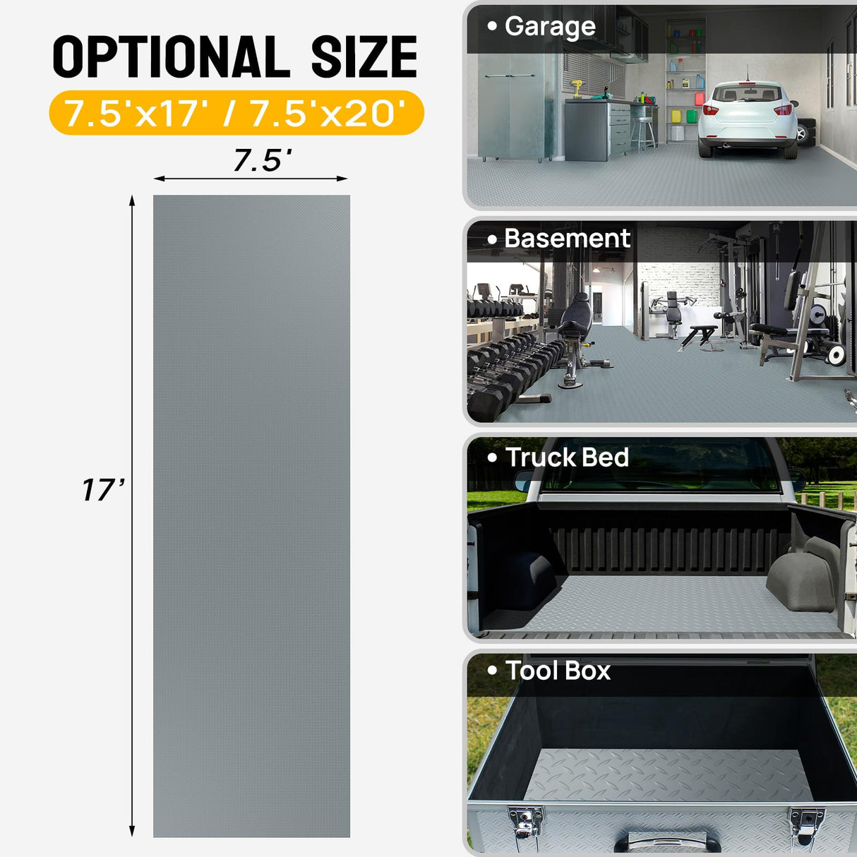 TUFFIOM 7.5 x 17 FT Garage Floor Mat, Diamond Plate Sheet PVC Roll for Under Car Parking Protect, RV Trailer Flooring, Water/Stain Resistant Floor TUFFIOM
