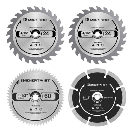 ENERTWIST 4-1/2 Inch Compact Circular Saw Blade Set, Pack of 4-Pieces TCT/HSS/Diamond Saw Blades Assorted for Wood/Plastic/Metal/Tile Cutting, 3/8in ENERTWIST