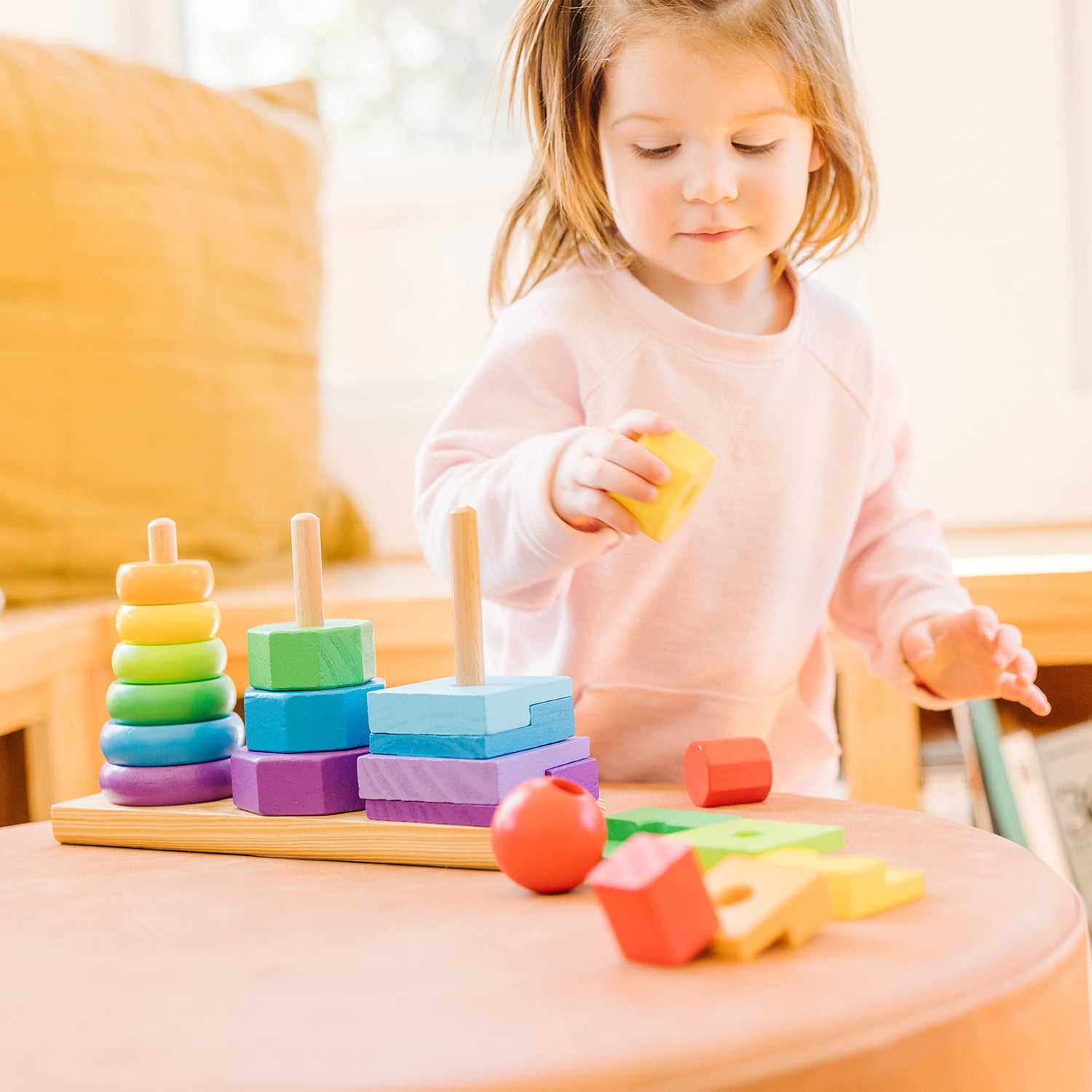 Melissa & Doug Geometric Stacker - Wooden Educational Toy - Shape Sorter And Stacking Toy, Stacking Tower Toy For Babies, Toddlers And Kids Ages 2+, Melissa & Doug
