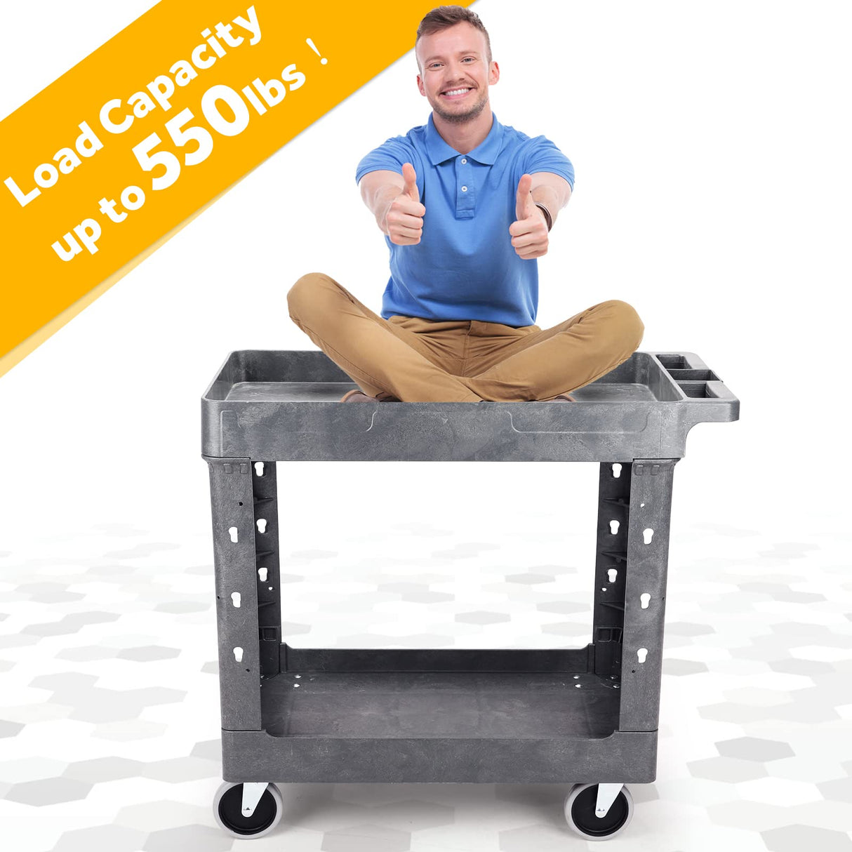 ELAFROS Heavy Duty Plastic Utility Cart 34 x 17 Inch - Work Cart Tub Storage W/Deep Shelves and Full Swivel Wheels Safely Holds up to 550 lbs - 2 ELAFROS