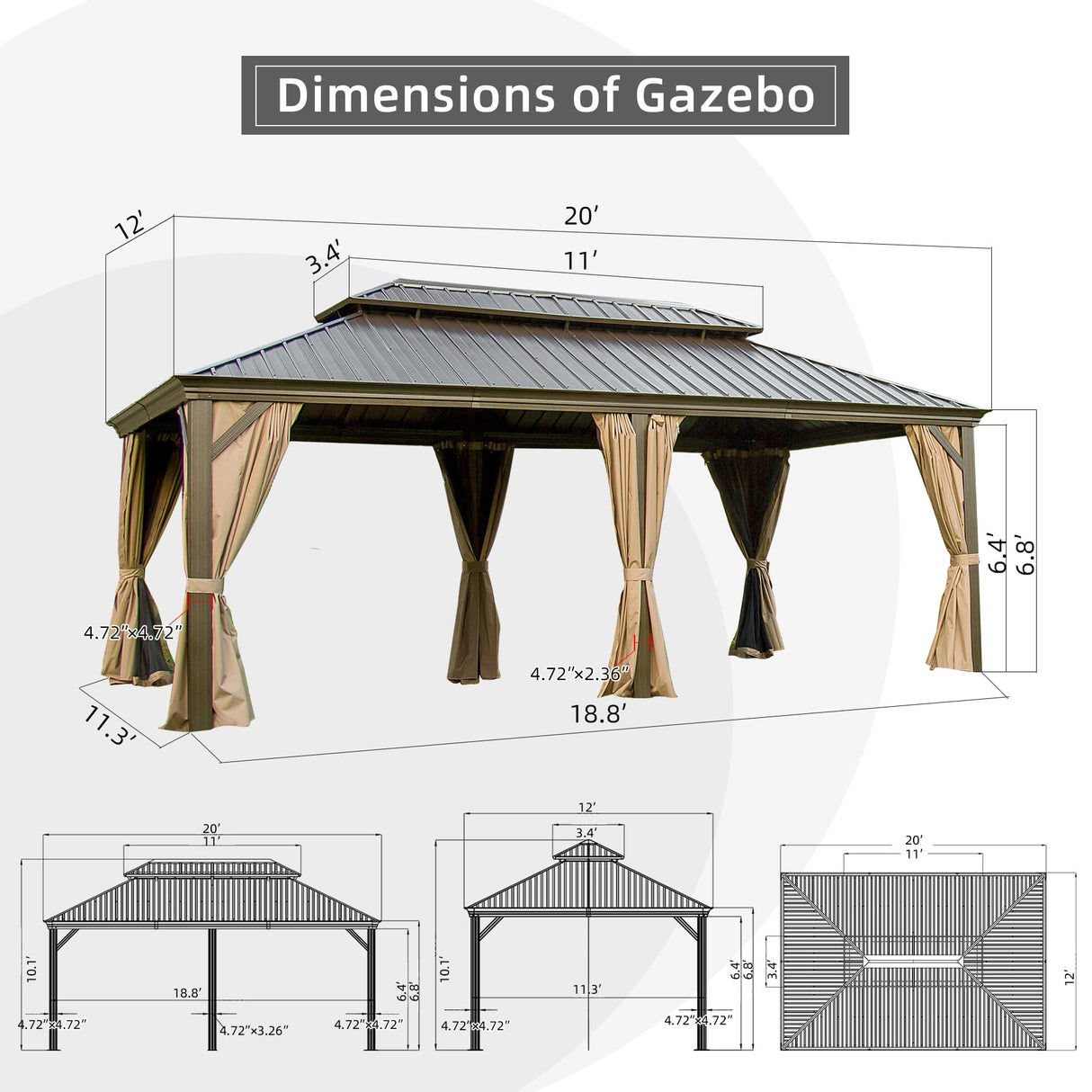Domi Outdoor Living 12’ X 20’ Hardtop Gazebo, Outdoor Aluminum Frame Canopy with Galvanized Steel Double Roof, Outdoor Permanent Metal Pavilion with domi outdoor living