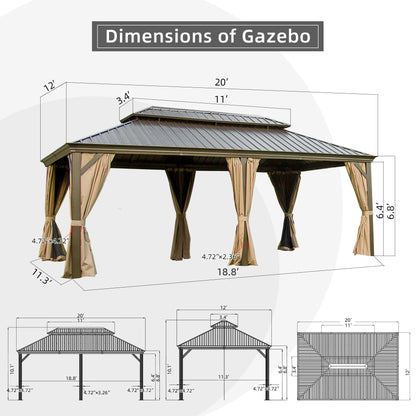 Domi Outdoor Living 12’ X 20’ Hardtop Gazebo, Outdoor Aluminum Frame Canopy with Galvanized Steel Double Roof, Outdoor Permanent Metal Pavilion with