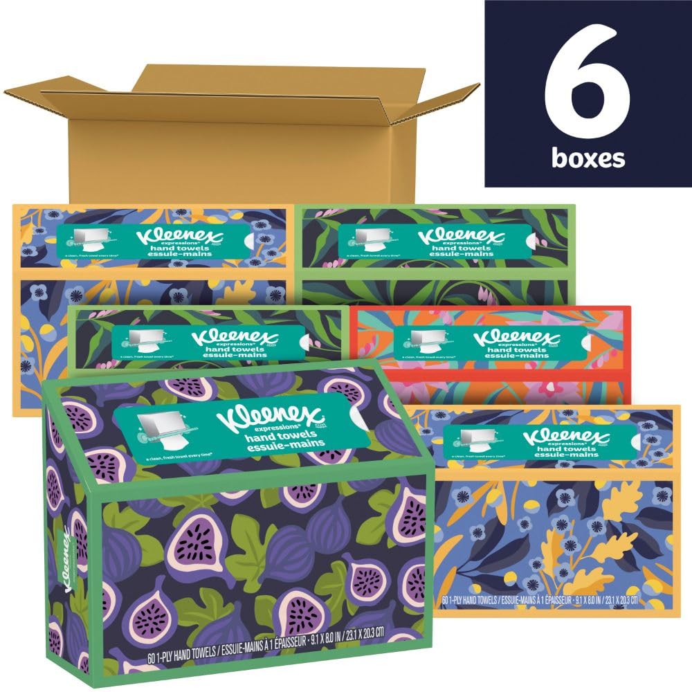 Kleenex Expressions Disposable Paper Hand Towels, 6 Boxes, 60 Towels per Box (360 Total Hand Towels), Packaging May Vary Kleenex