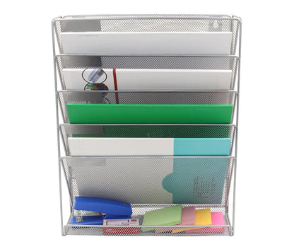 Superbpag Hanging File Organizer, 5 Tier Wall Mount Document Letter Tray Organizer, Silver