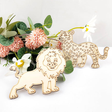 32 Pack Unfinished Wood Animal Cutouts Jungle Animal Crafts Wood Tiger, Lion, Wolf, Leopard Cutouts to Paint Wooden Animal Hanging Ornaments DIY Xonzmmk