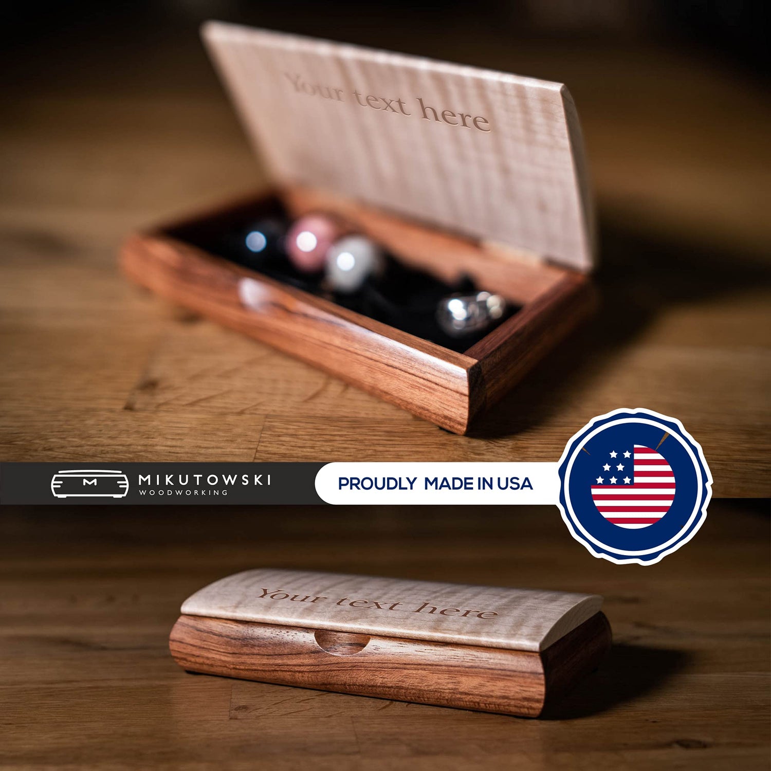 Mikutowski Woodworking Personalized Wooden Keepsake Box - Handmade in USA - Wood Art Artisan Trinket Box - Original Engraved Keepsake Box Organizer - Mikutowski Woodworking