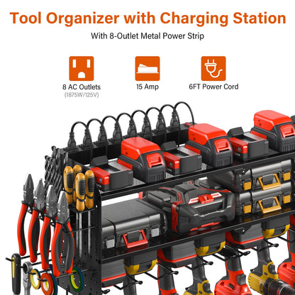 JUNNUJ Large Pegboard Power Tool Organizer with Charging Station, 8 Drills Driver and Tools Battery Holder Wall Mount with 8 Outlet Power Strip, - WoodArtSupply