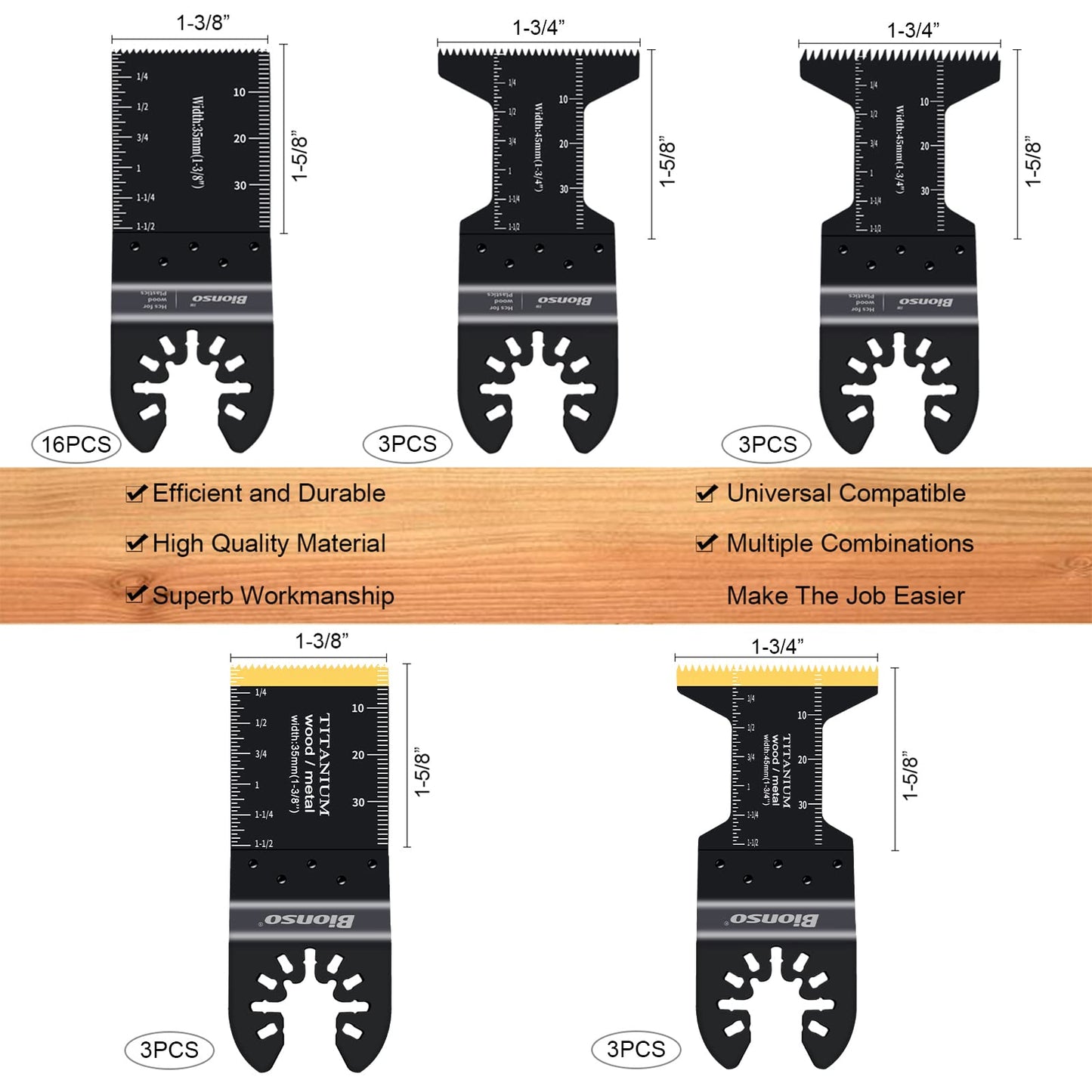 Bionso 28PCS Oscillating Saw Blades, Professional Universal Titanium Multitool Blades for Wood Plastics Metal, Quick Release Multi Tool Blades Kits - WoodArtSupply