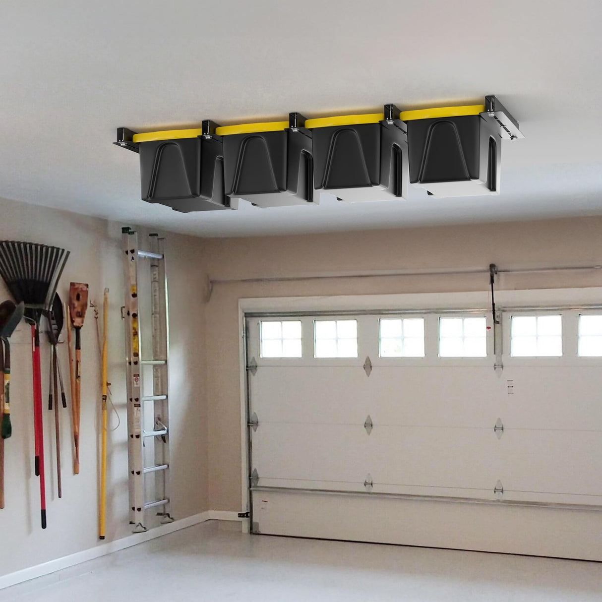 TORACK Garage Ceiling Bin Storage Rack, Overhead Tote Storage Rail System Heavy Duty Adjustable Tote Slide Garage Storage System(for 4 Bins, Bins are TORACK
