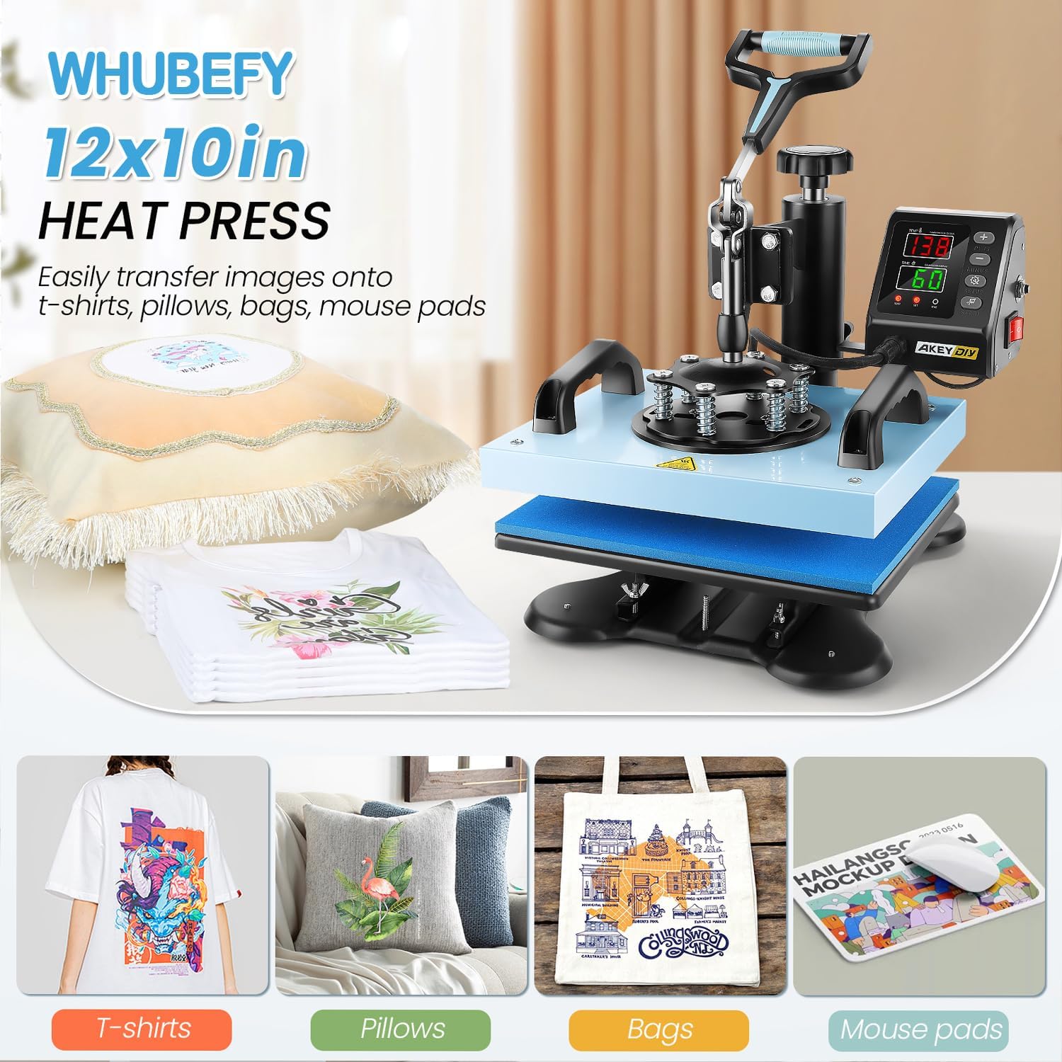 WHUBEFY Heat Press,12x10 Shirt Press Machine,Heat Press Machine Digital Precise LCD Control Printing Sublimation Heat Transfer Machine,Vinyl Heat Whubefy