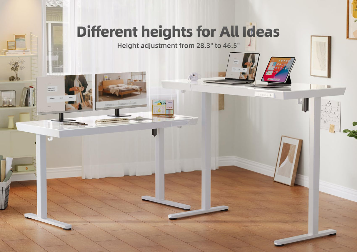 YDN Glass Standing Desk with Drawers, 48 x 24 Inch Electric Stand Up Desk with USB Ports, Adjustable Height Desk for Home Office, White YDN
