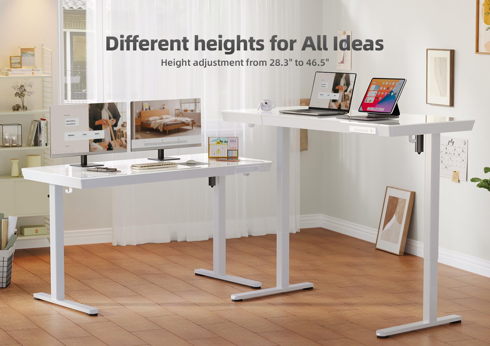 YDN Glass Standing Desk with Drawers, 48 x 24 Inch Electric Stand Up Desk with USB Ports, Adjustable Height Desk for Home Office, White - WoodArtSupply