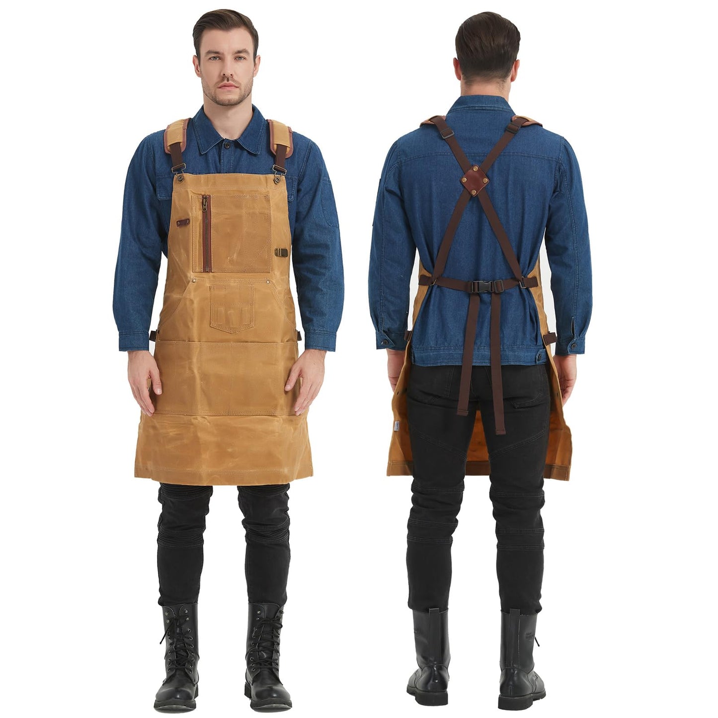 btfapron Heavy Duty Men's and women's work waxed canvas aprons with zipper pockets, protective gifts, suitable for woodworking machinery, barbecuing - WoodArtSupply