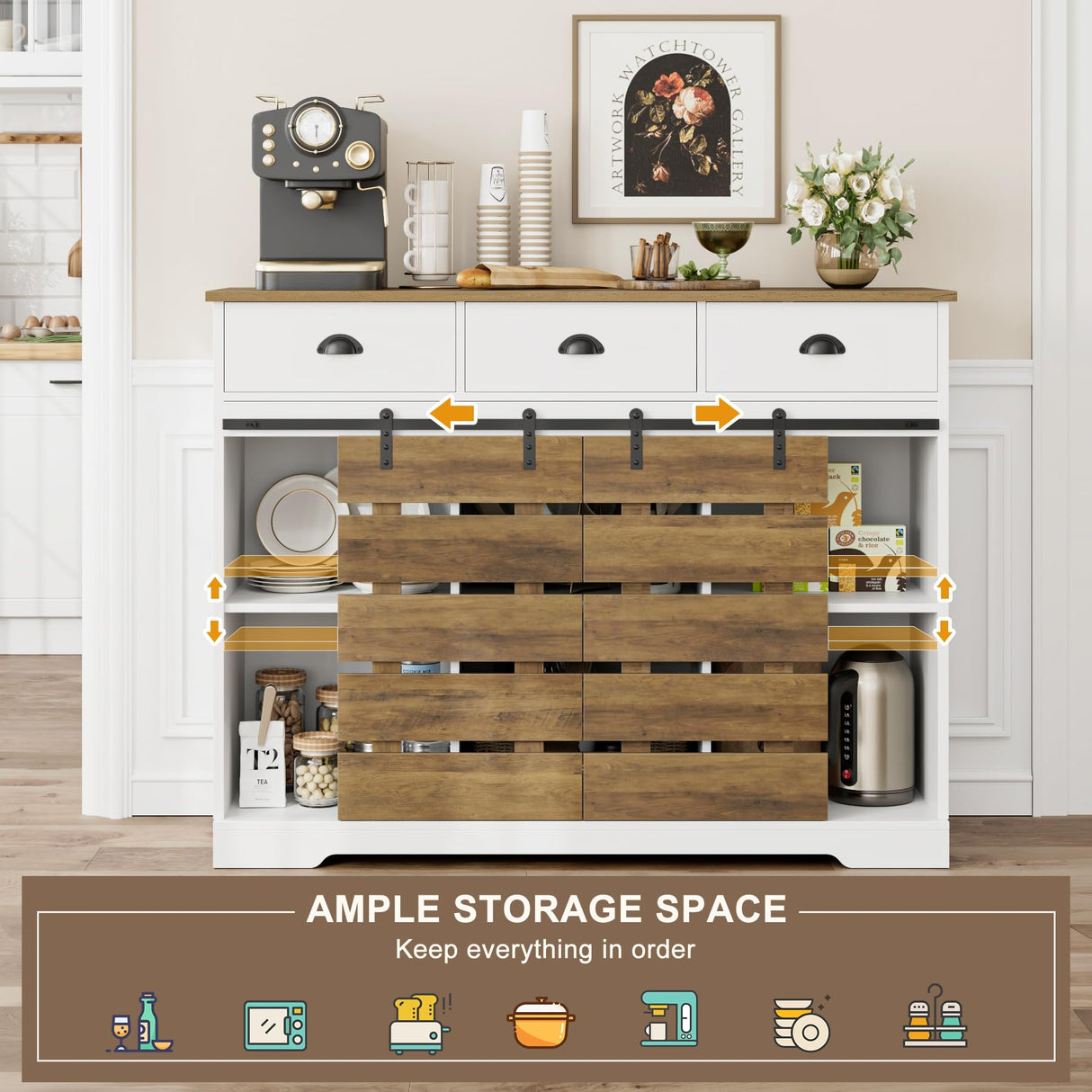 HOSTACK Farmhouse Coffee Bar Cabinet, 47" Kitchen Buffet Cabinet with Storage, Barn Doors Sideboard Storage Cabinet, Wood Buffet Sideboard with HOSTACK