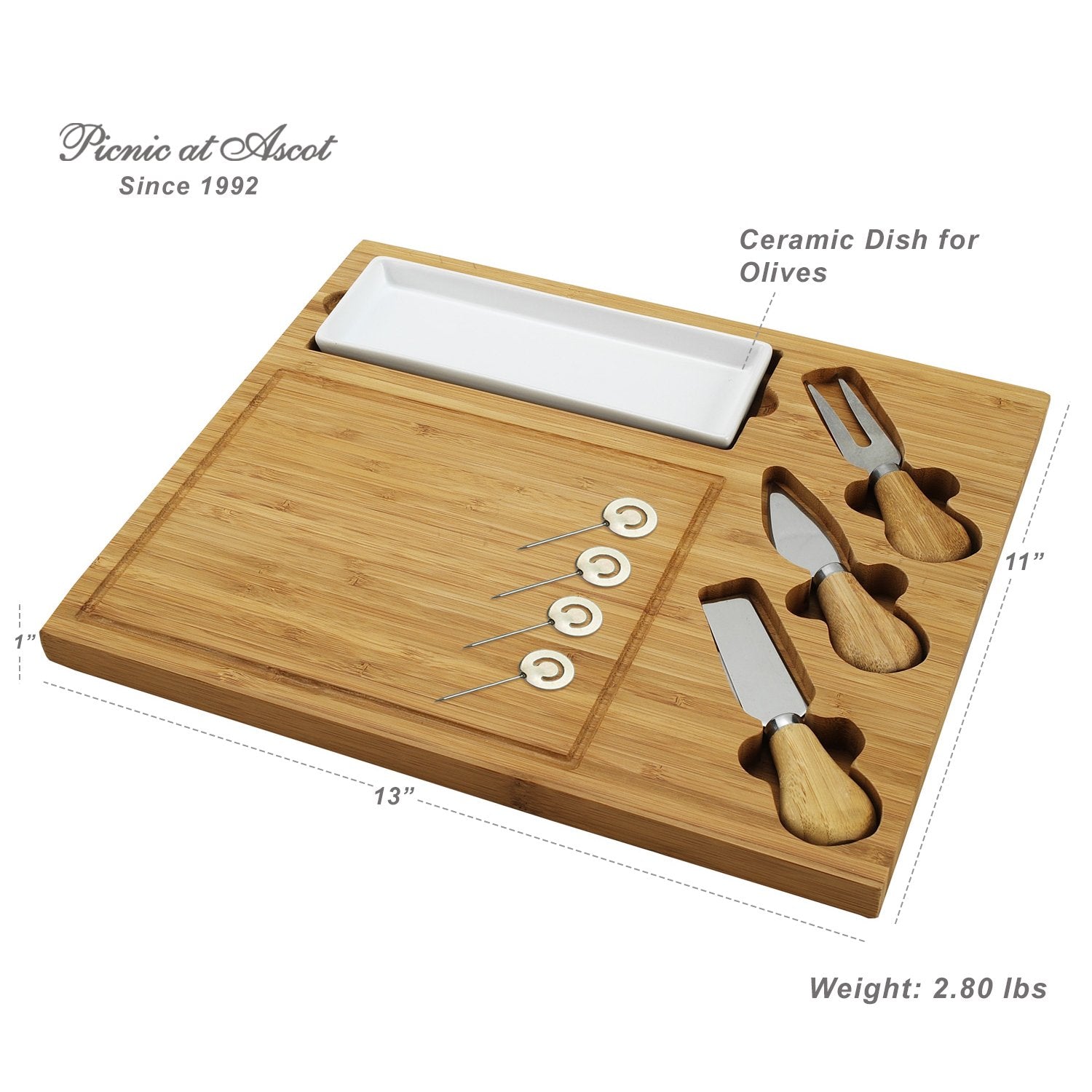 Picnic at Ascot Custom Personalized Engraved Bamboo Cutting Board for Cheese & Charcuterie with Ceramic Dish, Knife Set & Cheese Markers USA - WoodArtSupply