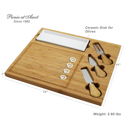 Picnic at Ascot Custom Personalized Engraved Bamboo Cutting Board for Cheese & Charcuterie with Ceramic Dish, Knife Set & Cheese Markers USA - WoodArtSupply