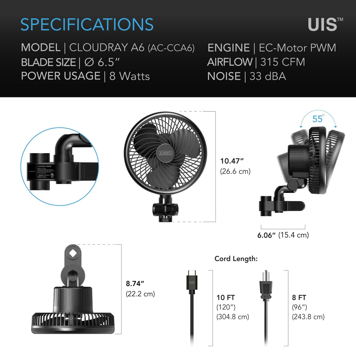 AC Infinity CLOUDRAY A6, Grow Tent Clip Fan 6” with 10-Speeds, EC-Motor, Weatherproof IP-44, Manual Swivel, Quiet Hydroponics Circulation Cooling AC Infinity