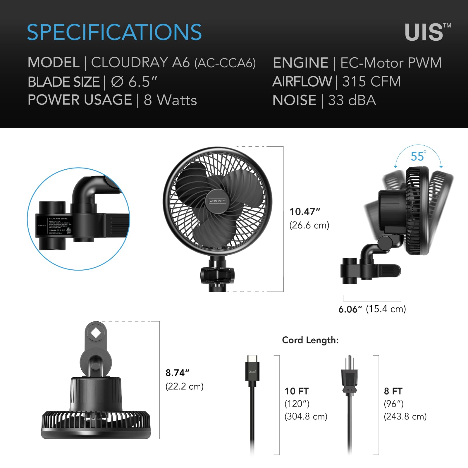 AC Infinity CLOUDRAY A6, Grow Tent Clip Fan 6” with 10-Speeds, EC-Motor, Weatherproof IP-44, Manual Swivel, Quiet Hydroponics Circulation Cooling - WoodArtSupply