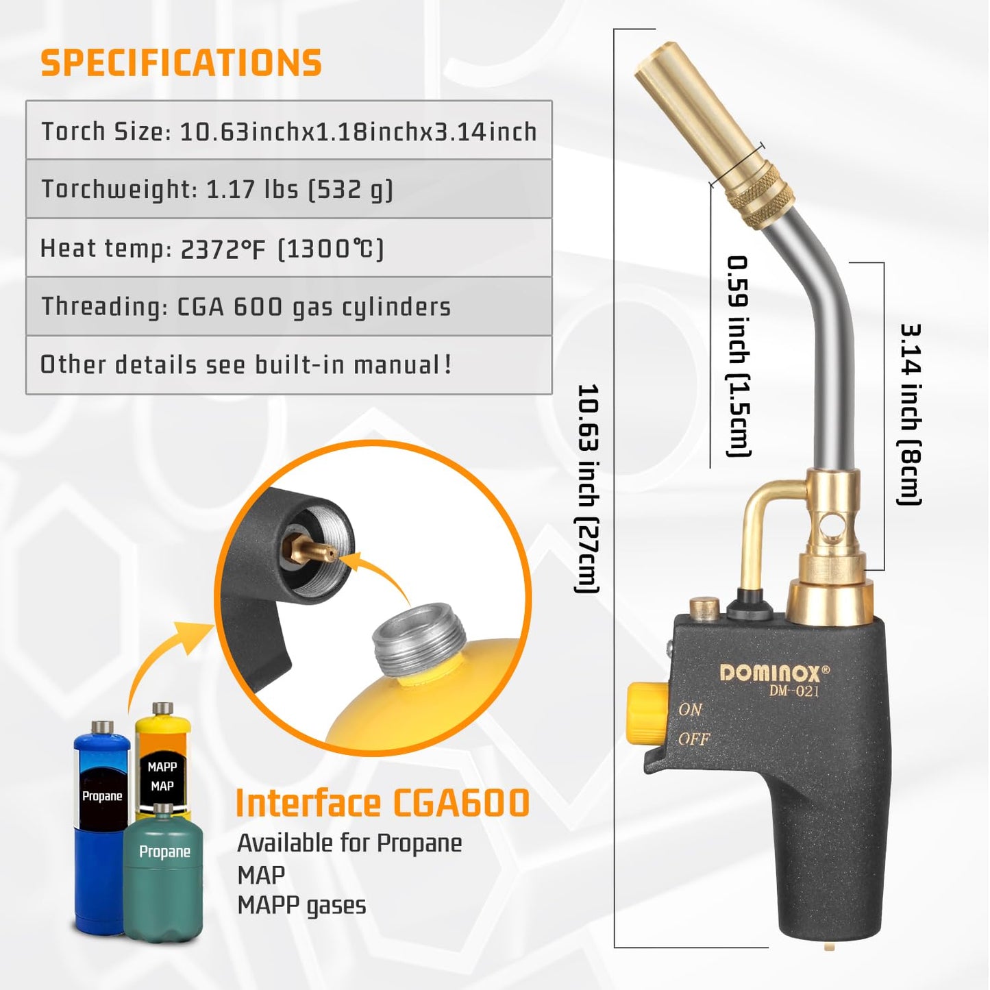 DOMINOX Propane Torch Head for MAP, MAPP and Propane Tank, High Intensity Trigger Start Torch, for Soldering, Ignition, Cooking, Lighting - WoodArtSupply