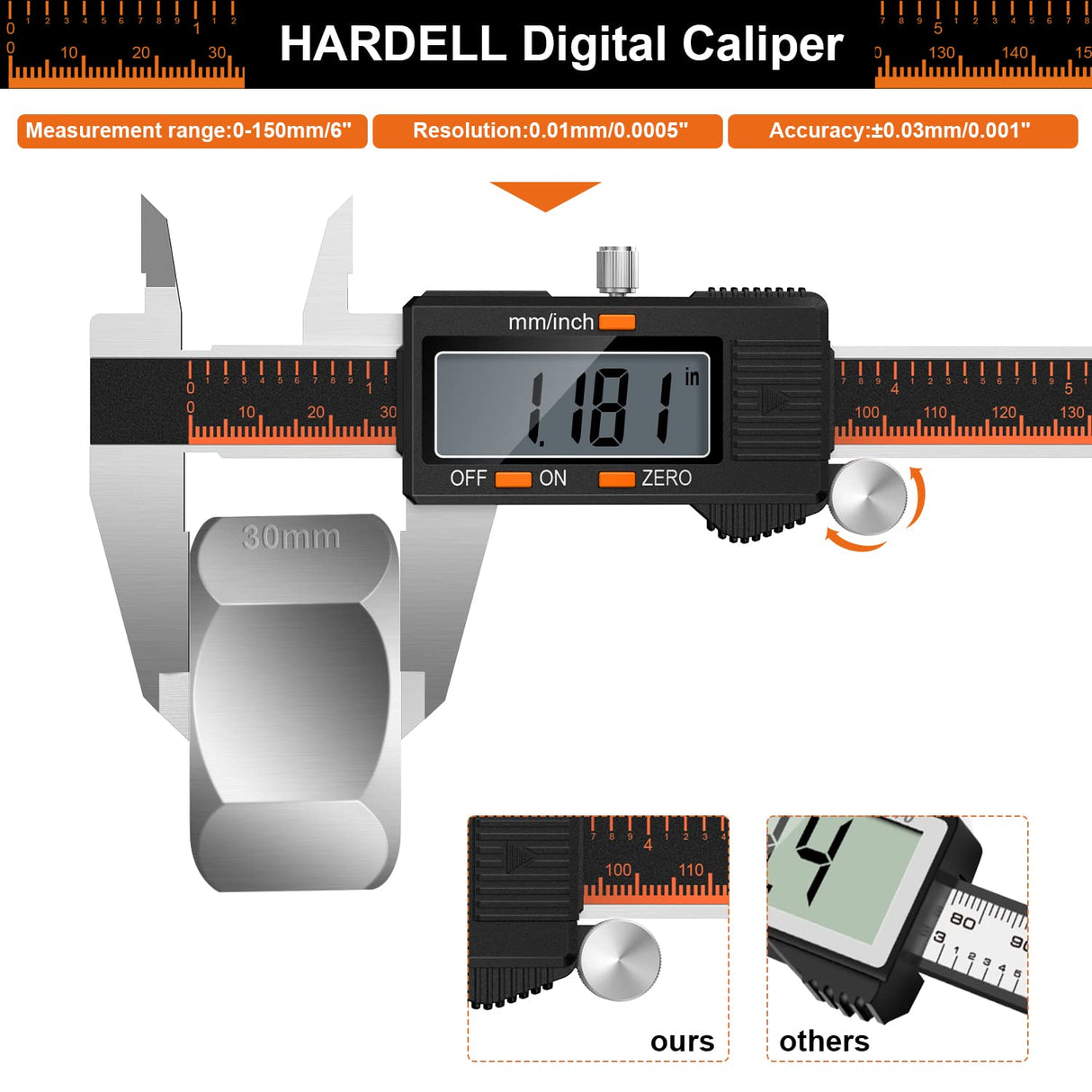 HARDELL Digital Caliper, 6 Inch Stainless Steel Caliper Measuring Tool with Large LCD Screen, Electronic Micrometer Caliper Digital Inch/Millimeter HARDELL