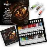 Castle Art Supplies 24 Piece Metallic Acrylic Tube Set | 24 x 12ml Tubes for Adult Artists, Beginners and Crafters, Add Shimmering Quality on Variety Castle Art Supplies