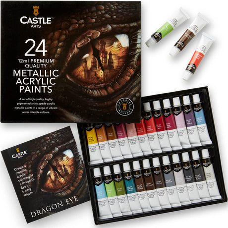 Castle Art Supplies 24 Piece Metallic Acrylic Tube Set | 24 x 12ml Tubes for Adult Artists, Beginners and Crafters, Add Shimmering Quality on Variety Castle Art Supplies