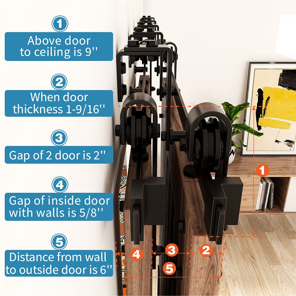 ZEKOO 10 FT Double Track Bypass Barn Door Hardware Kit Low Ceiling Wall Mount for Closet Double Wooden Doors (10FT Bypass kit) - WoodArtSupply