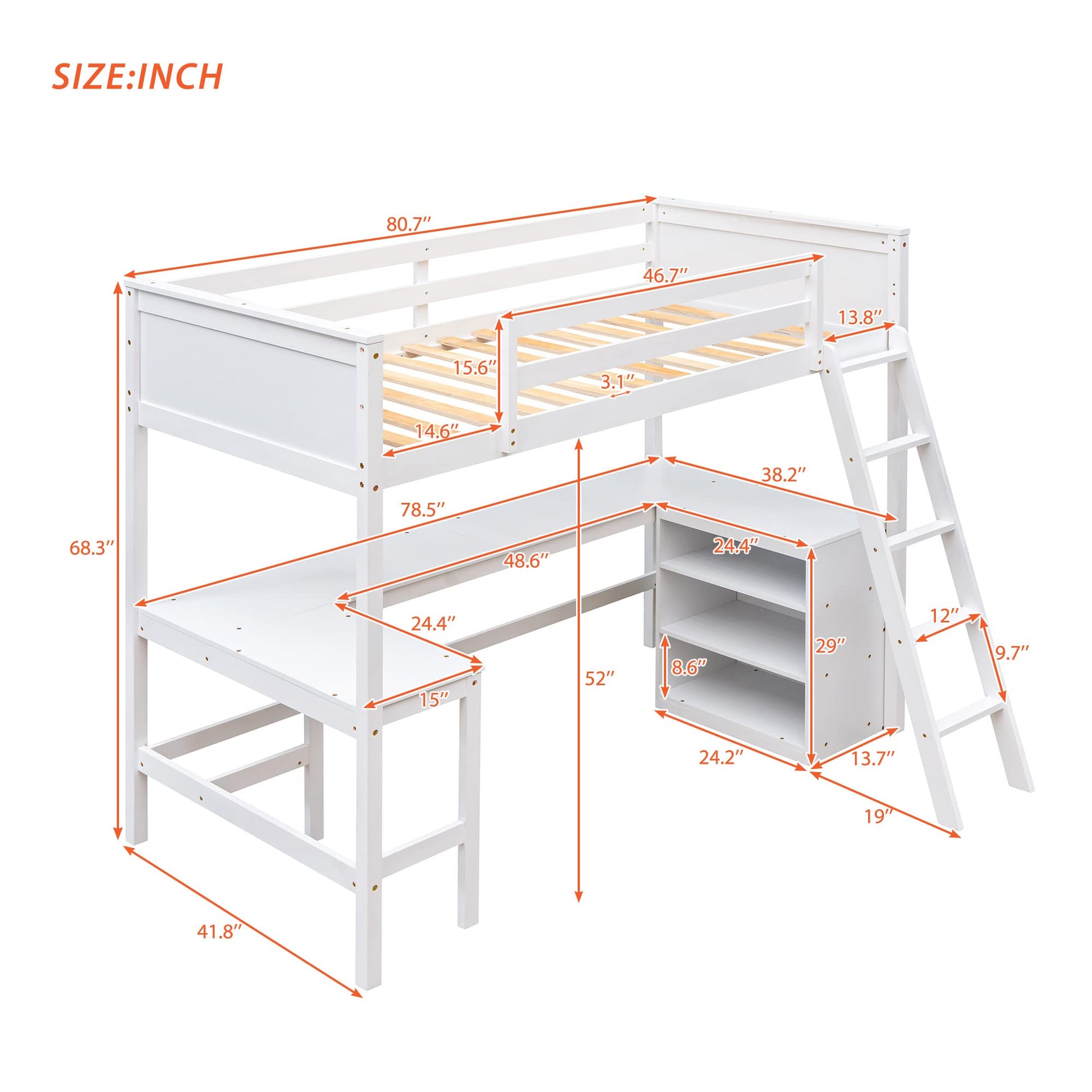 Harper & Bright Designs Twin Loft Bed with Desk and Storage Shelves in White - WoodArtSupply