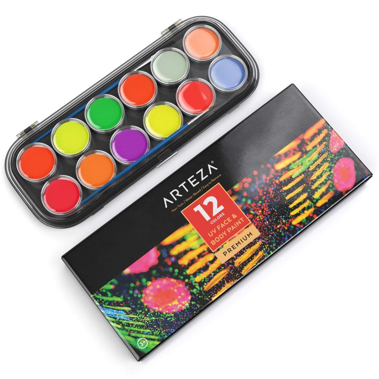 ARTEZA UV Face Paint Kit, 12 Neon Colors, Water Based, Nontoxic Paint for Professional Halloween & Day of The Dead Costumes, Festivals, Theater & ARTEZA