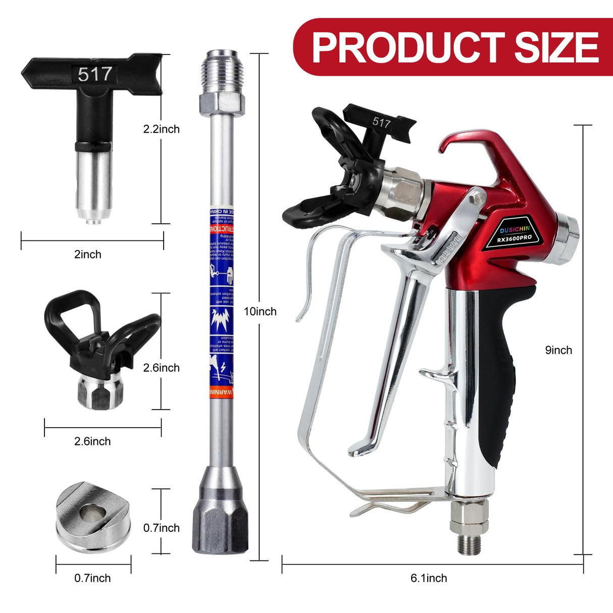DUSICHIN Airless Paint Spray Gun High Pressure 3600 PSI Reversible 517 Nozzle Tip Guard Swivel Joint with 10 inches Extension Pole for Airless Paint DUSICHIN