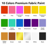 Fabric Paint, Shuttle Art 18 Colors Permanent Soft Fabric Paint in Bottles (60ml/2oz) with Brushes, Palette, Stencils, Non-Toxic Textile Paint for Shuttle Art