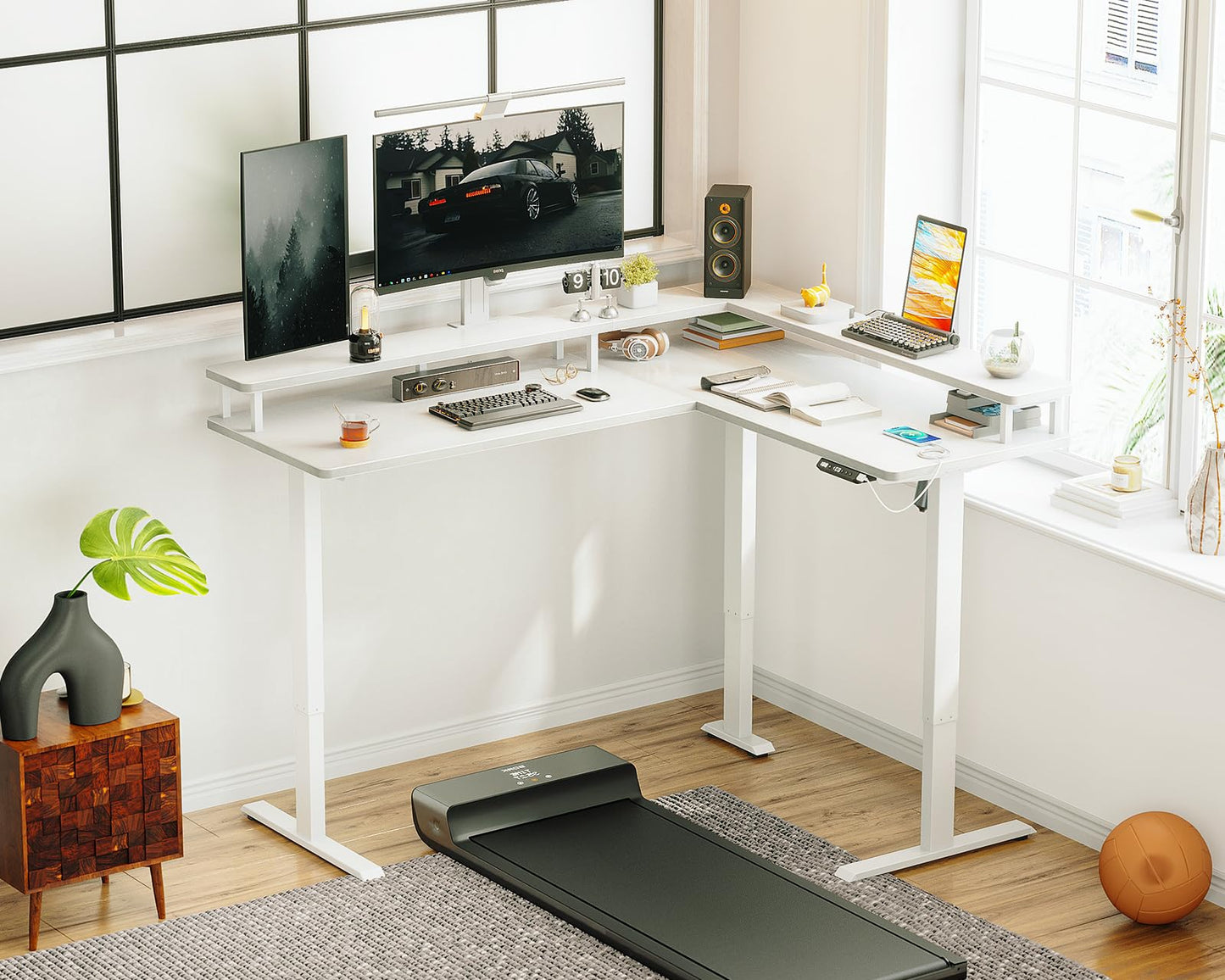 AODK L Shaped Electric Standing Desk, 59" x 48" Stand Up Corner Desk, Home Office Sit Stand Desk with White Top and White Frame, L-Shaped Standing