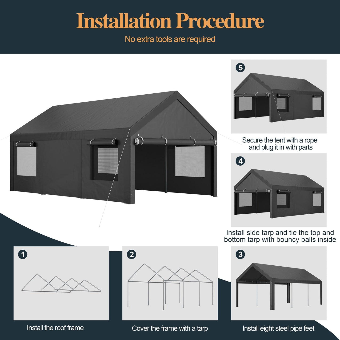 Shintenchi 10x20ft Heavy Duty Carport, Portable Garage with Removable Sidewalls, Doors and Ventilated Windows, All-Season Tarp, UV Resistant - WoodArtSupply