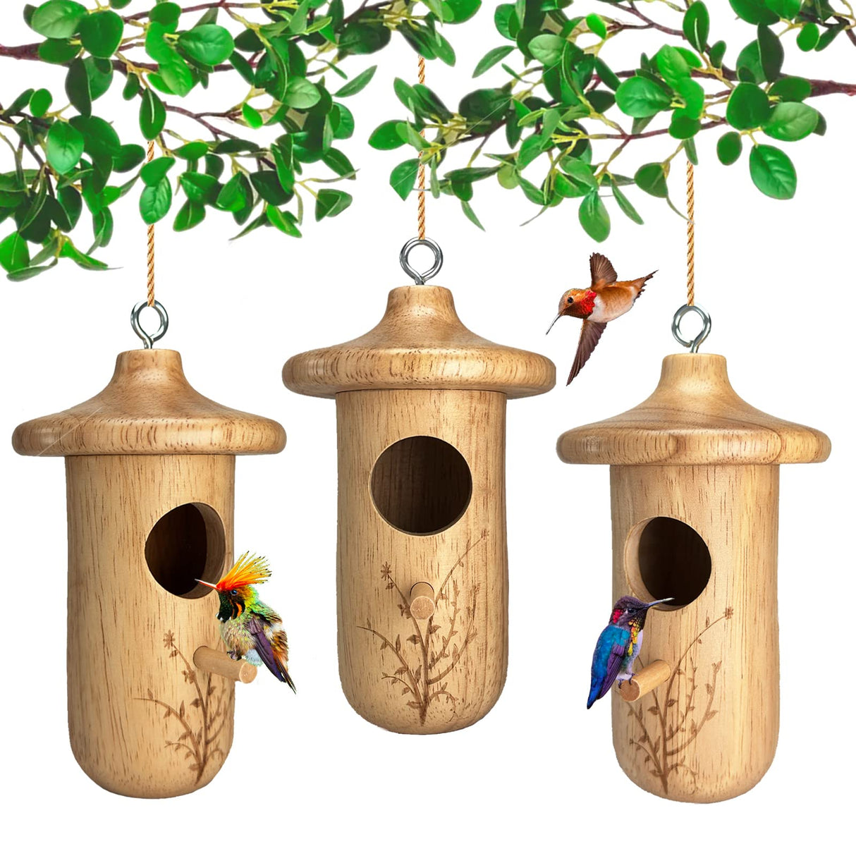 Hummingbird House, 3Pcs Humming Bird House for Outside Hanging, Natural Wooden Hummingbird Nest, Gardening Gifts Home Decoration yewacne