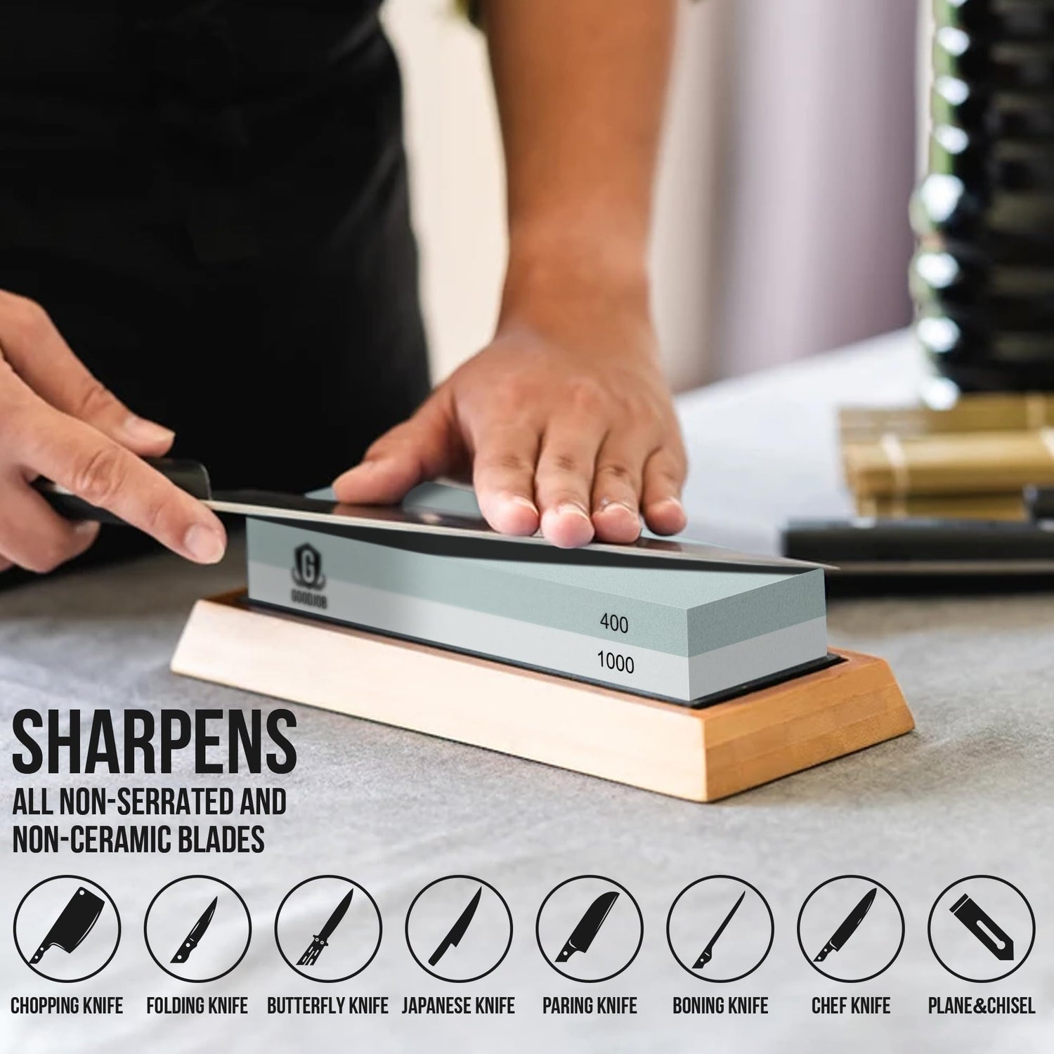Complete Knife Sharpening Stone Kit - Goodjob Premium Japanese Whetstone Knife Sharpener Tool - Dual Grit 400/1000 3000/8000 Wet stone with Cut goodjob