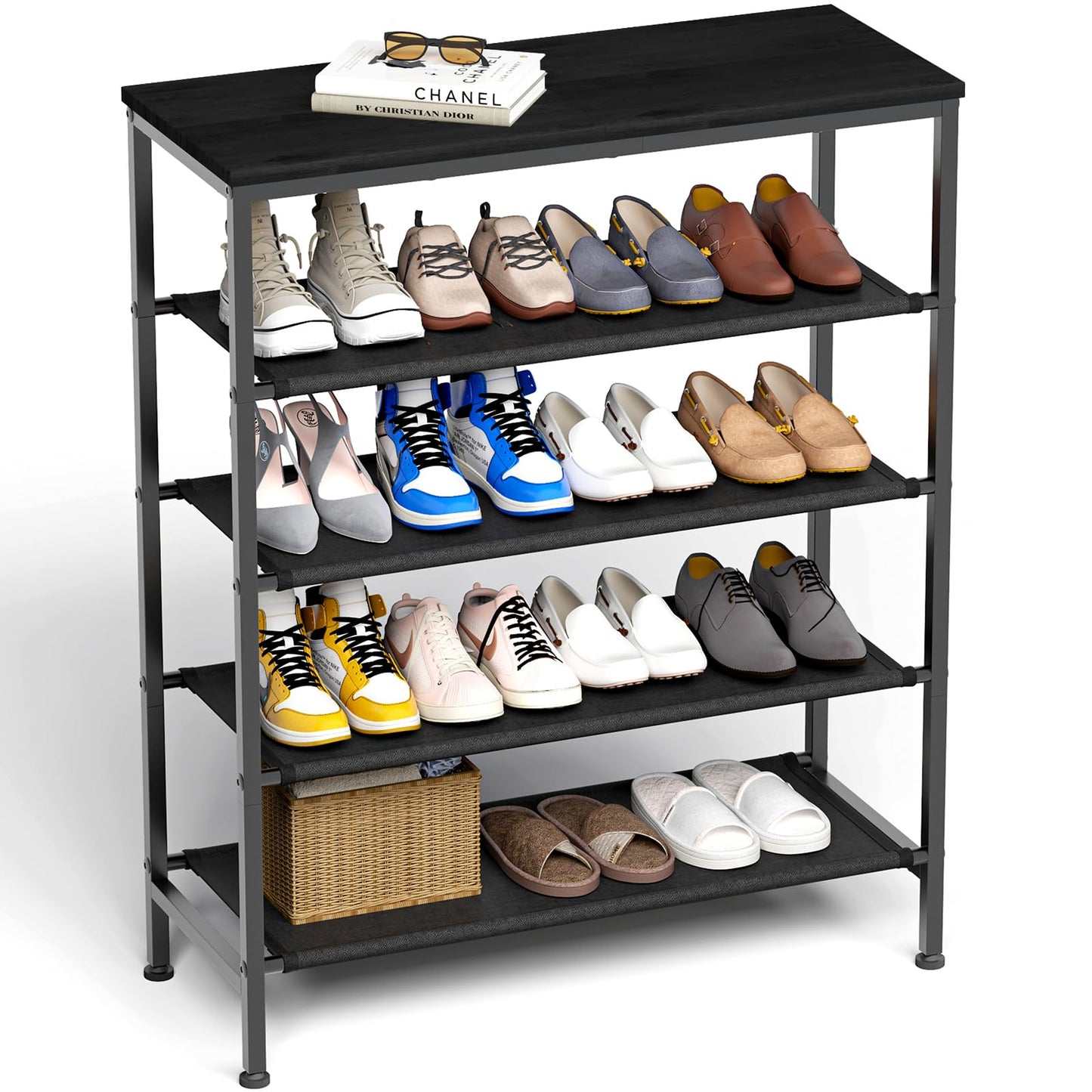 Z&L HOUSE 5 Tier Shoe Rack for Entryway, Sturdy Black Metal Framed Free Standing Shoe Shelf, Uniquely Versatile and Spacious Wood Top Storage, Shoe