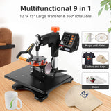 Heat Press Machine, Braodfashion 12 x 15 Inch, 9 in 1 Heat Press 800W Sublimation Machine, 360° Rotation Swing Away Shirt Printing Machine, Dual-Tube Broadfashion