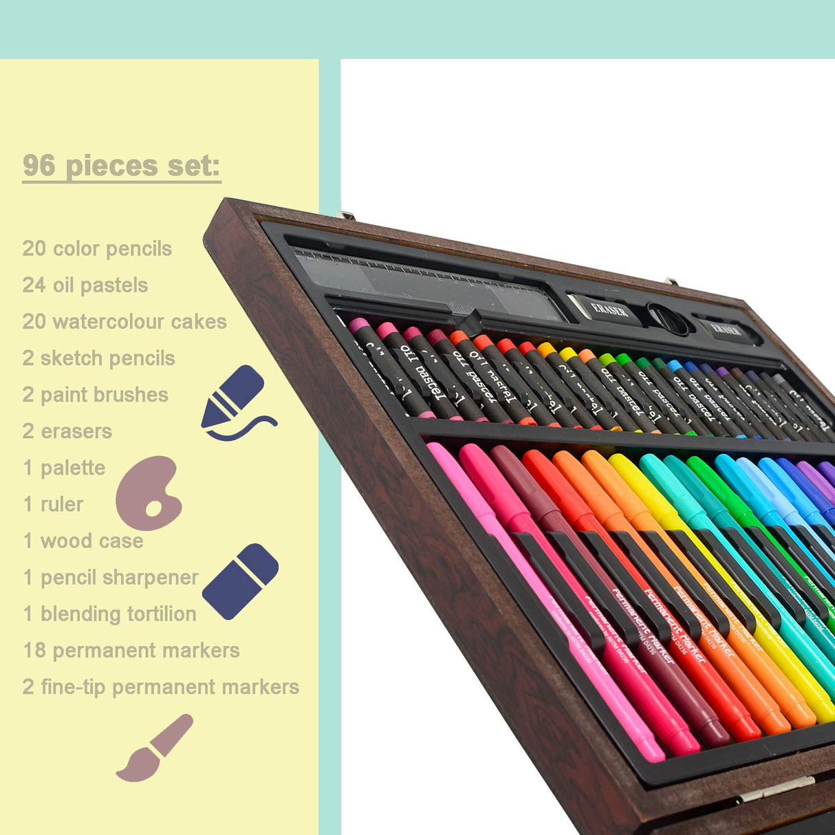 Darnassus Wood Art Set, Art Box & Drawing Kit Color Set, Art Supply Gift For 4-12 Age, Art Kit with Compact Portable Wooden Case, Kid Drawing Set w/ Darnassus