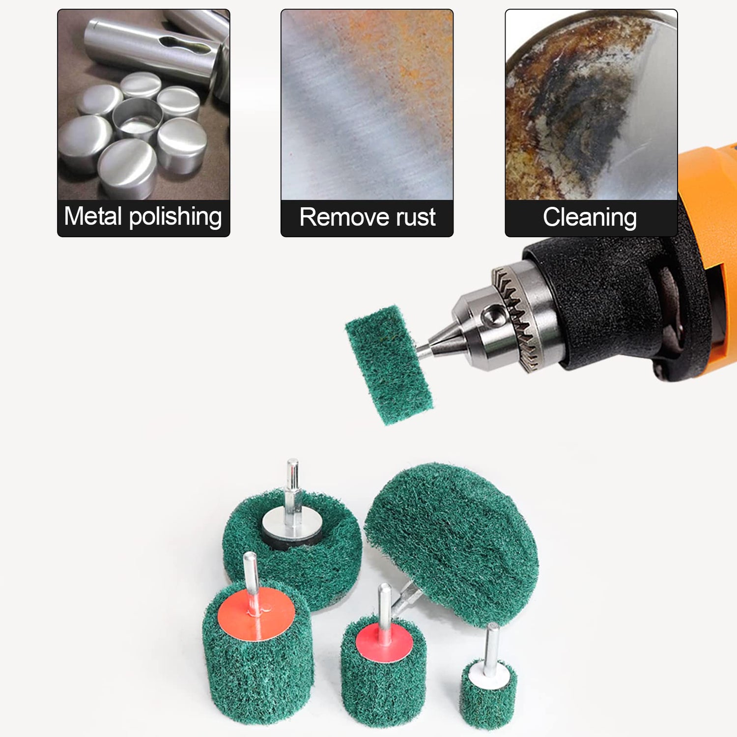 6PCS Non Woven Abrasive Buffing Polishing Wheel Drill Attachment Set,Scouring Pads Power Scrubber Cleaning Kit (Green) Hiqalty