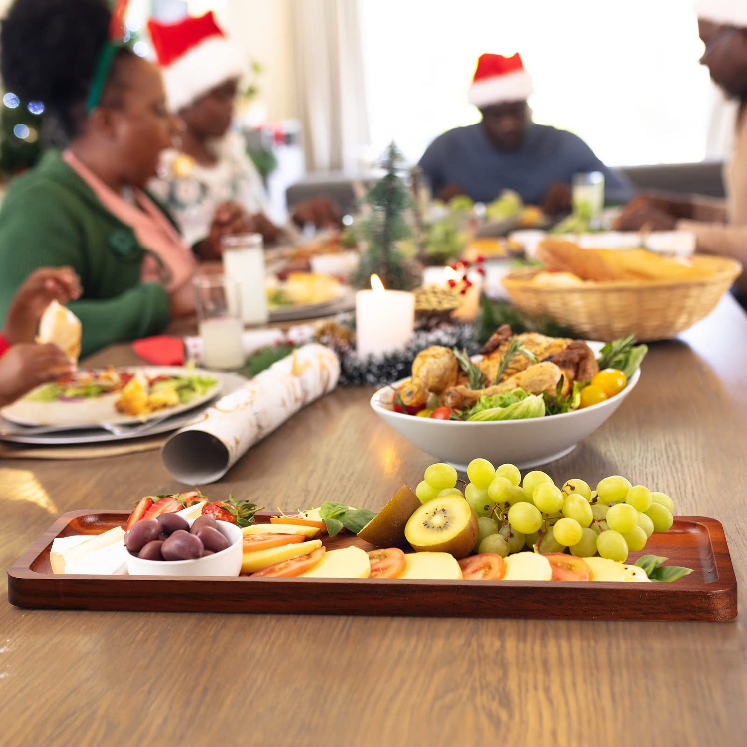 20 Pack Solid Wood Serving Trays Acacia Wooden Server Platter Rectangular Charcuterie Boards with Grooved Handle for Home Room Coffee Cheese Skylety