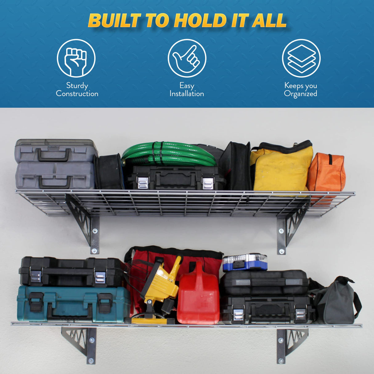 MonsterRax | Garage Wall Shelf Two-Pack White or Hammertone | Three Size Options | Includes Bike Hooks | 500lb Weight Capacity (Hammertone, 18"x36") MonsterRax