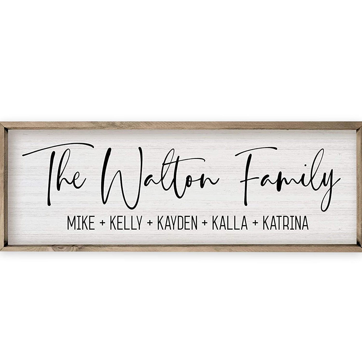 Personalized Framed Wooden Family Name Sign (6" x 18", Weathered Grey Frame, White Background) MRC Wood Products