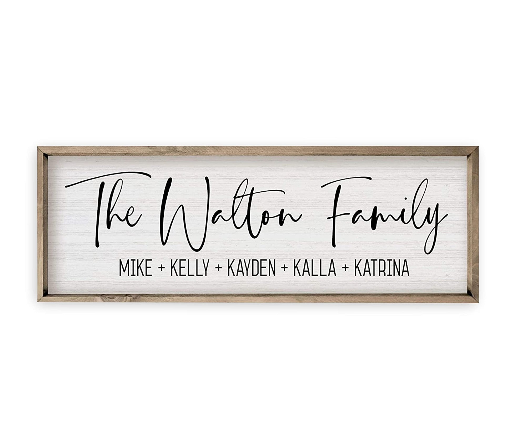 Personalized Framed Wooden Family Name Sign (6" x 18", Weathered Grey Frame, White Background) - WoodArtSupply