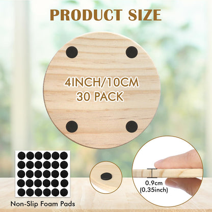 30 Pieces Unfinished Wood Coasters, 4 Inch Round Blank Wooden Coasters for Crafts with Non-Slip Silicon Dots for DIY Stained Painting Wood Engraving