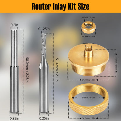 71333 Solid Brass Router Inlay Set for 1/4 Templates High RPM Routing, Includes 1/8" Carbide Spiral Bit + 1/4 Shank, Universal Quick Change Bushing,