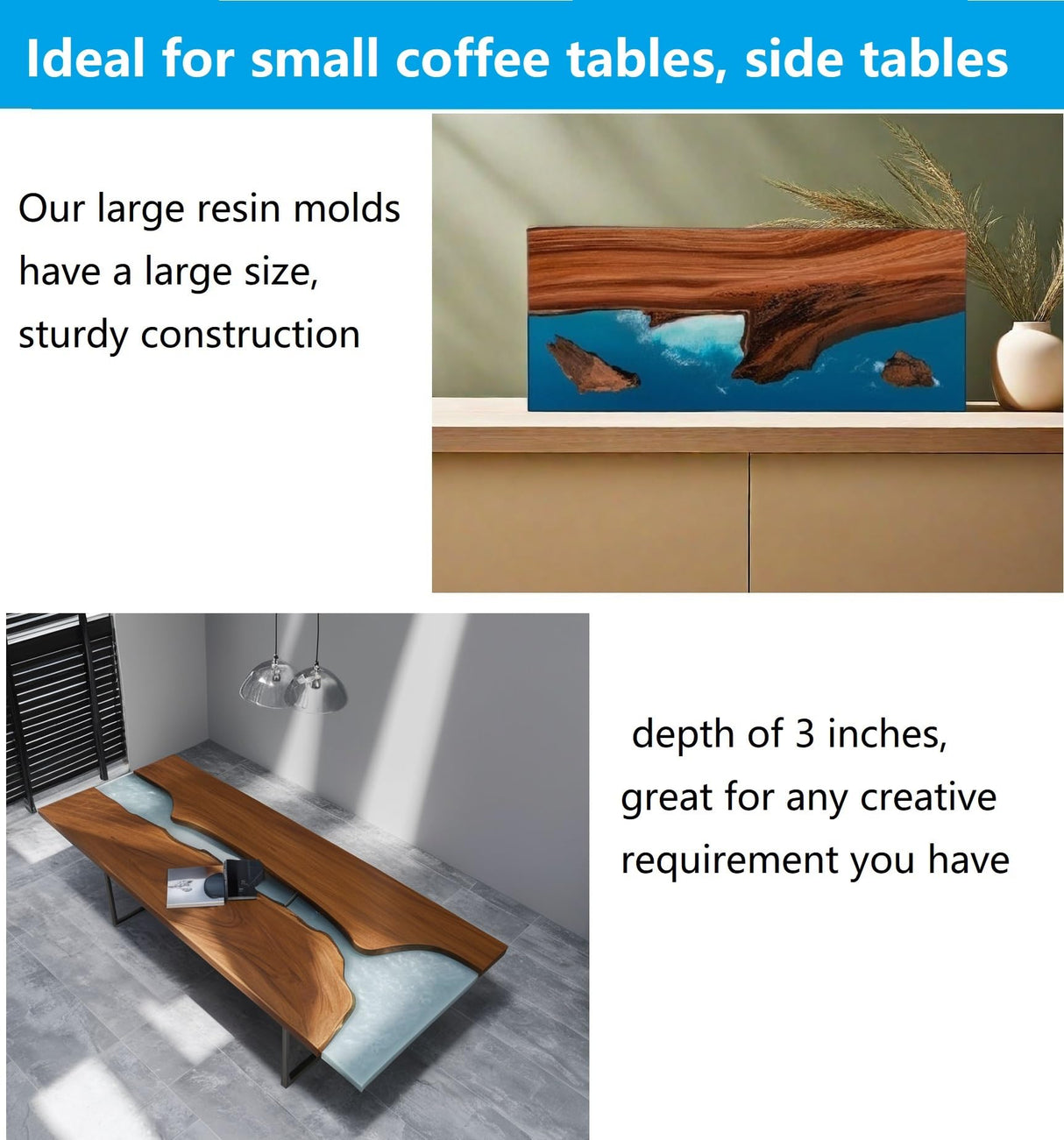 2Pcs Extra Large Reusable Epoxy Resin Table Mold 19x11x3 inch 15.7x9.8x3 inch Rectangles Epoxy Resin Molds for River Table, Coffee Side Table, ModWgGuo