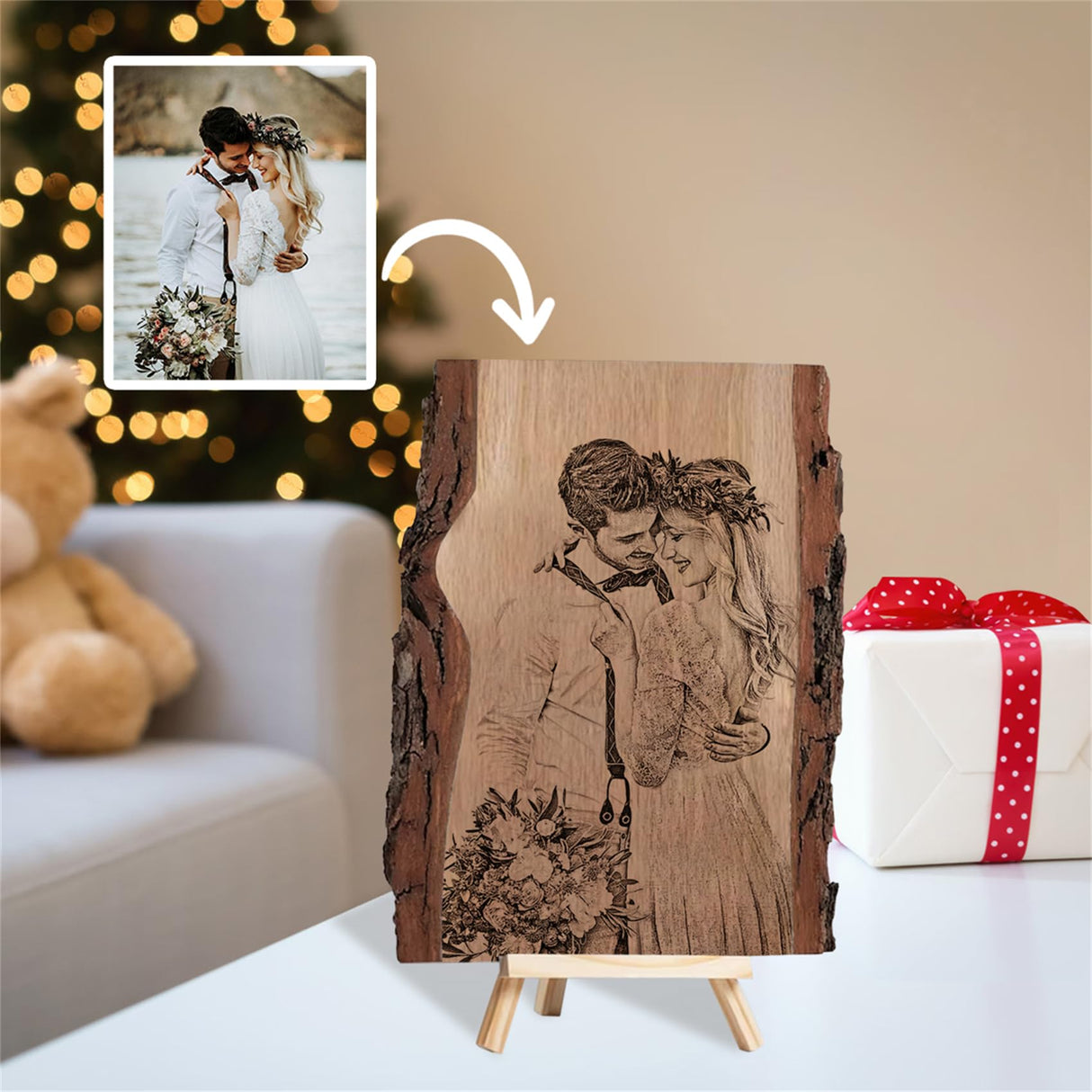 Personalized Photo Wood Slice Custom Engraved Picture Frame Album Wooden Crafts with Bracket Photo Printing on Wood Slices for Christmas Valentine's Wasetell