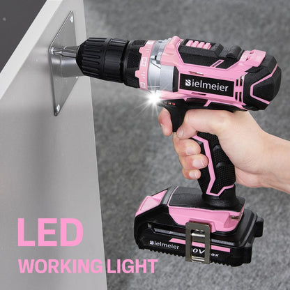 Bielmeier 20V Pink Cordless Drill Set with Lithium-Ion,Charger,3/8 inches Keyless Chuck.Drill Pink with Variable Speed,LED Work Light,29pcs Drill - WoodArtSupply