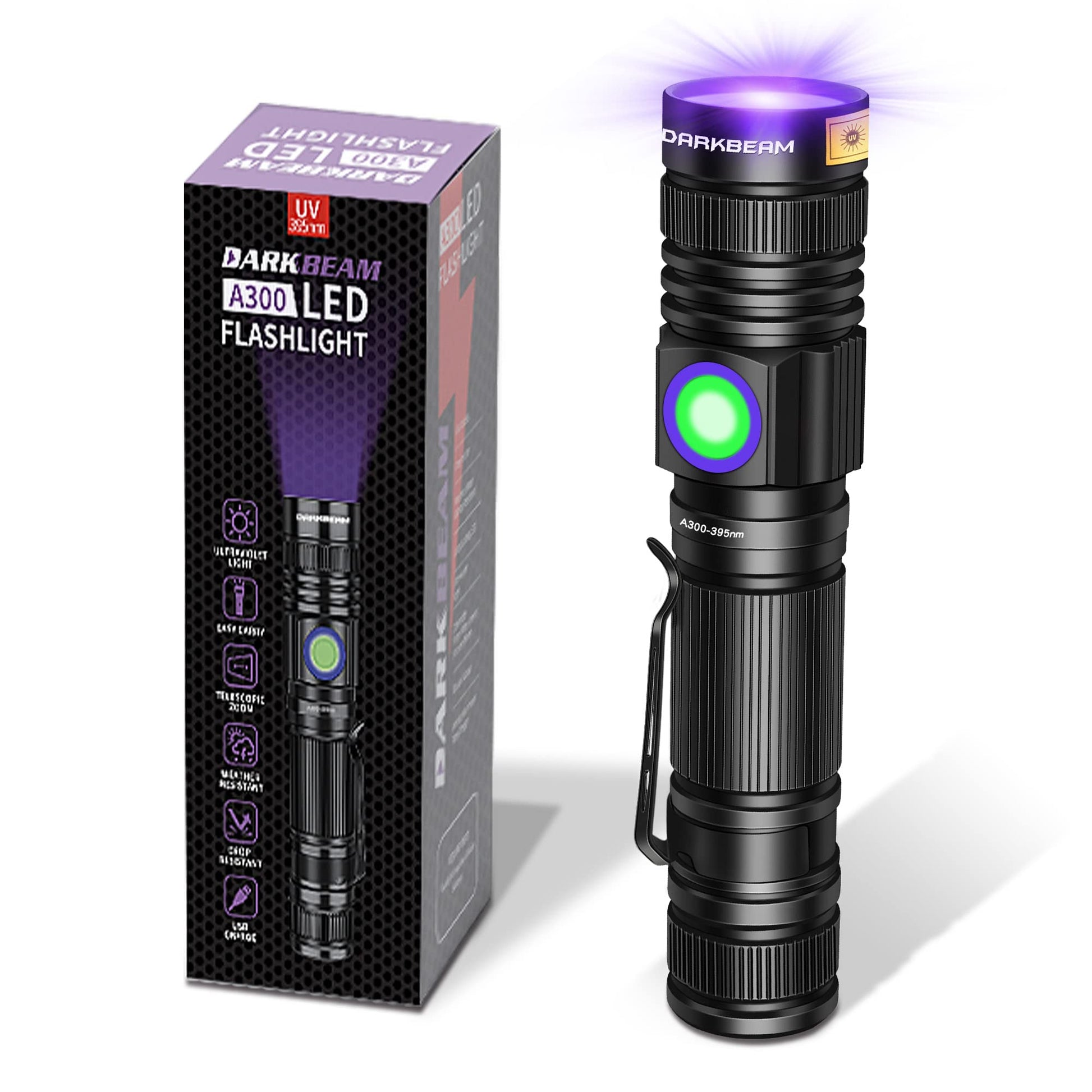 DARKBEAM UV 395nm Flashlight USB Rechargeable, Wood's lamp Black Light, Handheld Ultraviolet LED Portable with Clip, Resin Curing/Spot - WoodArtSupply