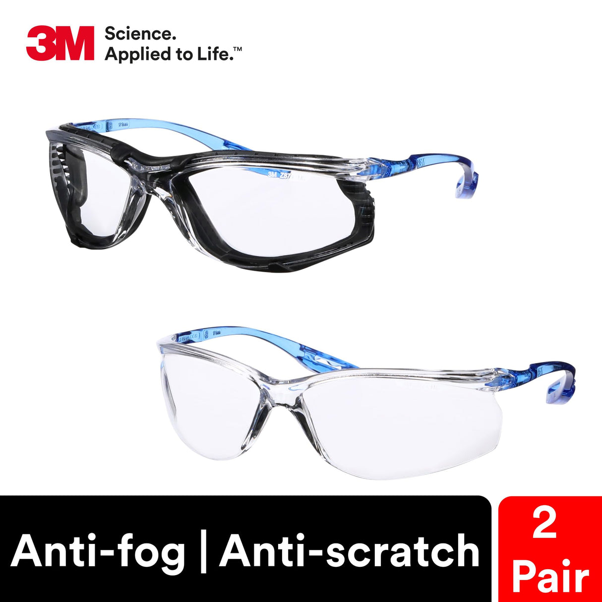 3M Safety Glasses, Virtua CCS and Virtua Sport CCS 2-Pack, Anti-Fog, Anti-Scratch, Clear Lens, ANSI Z87, Corded Ear Plug Control System, Removable 3M